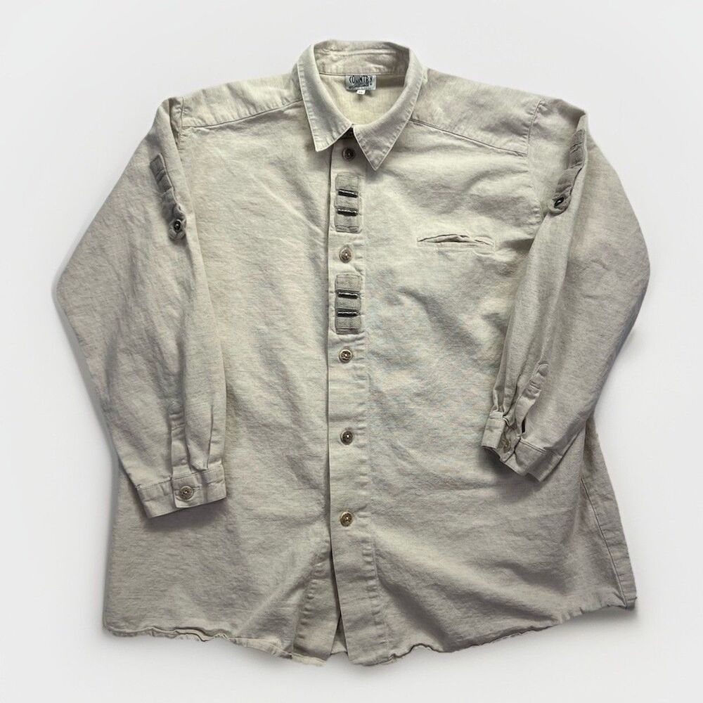 Vintage Country Line Linen Shirt Mens Large 43 Beige Long Sleeve Button‎ Up